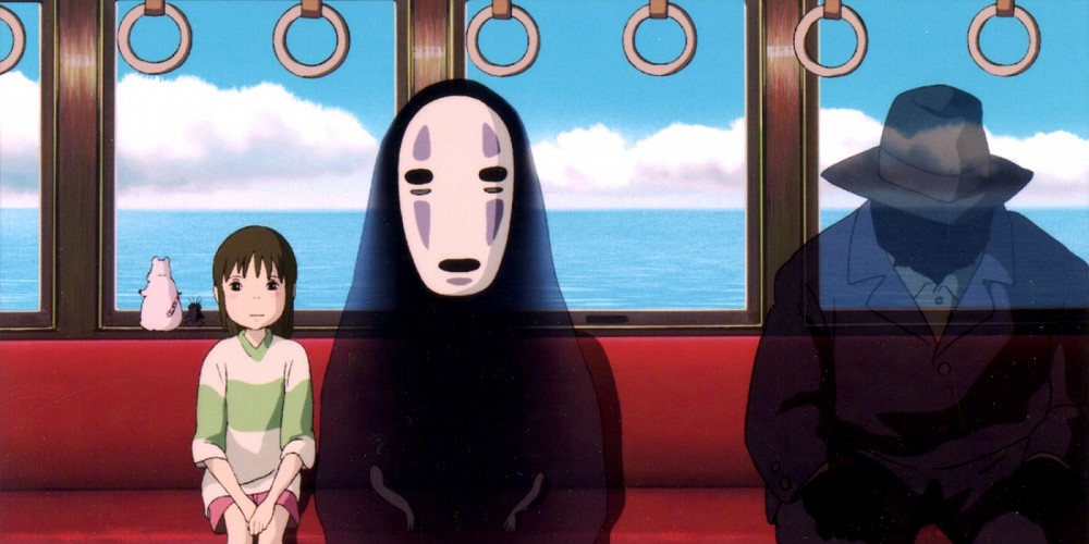 Chihiro and No Face on a train, spirited away